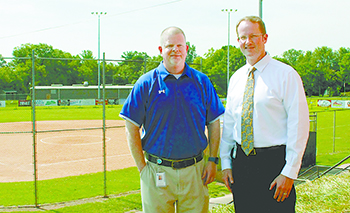 Cleveland Community College (CCC) President Jason Hurst (right) and Athletic Director Chris Nanney (left)  recently discussed the college\'s new athletics program and mascot. 