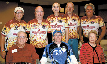 Standing (l to r) are Stan Shaw, David â€œBatmanâ€ Queen, Joe Champion, Barry Blackburn and Mike Terres of the group. In front is Gary with his dad, Roscoe and mom, Jeri.
