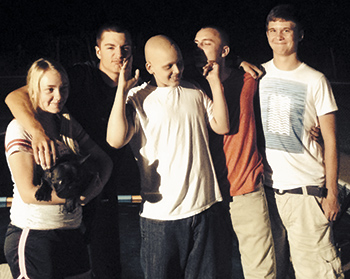 Brett with his â€œWeekend Gangâ€! They get together with him every weekend to offer love and support. They are his cousins: (left to right) Hailey Daugherty, Cody Killough, Brett, Roy Johnson and Christian Campbell. 