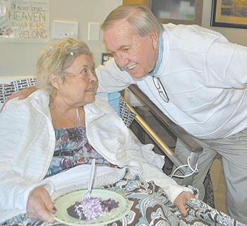 Hospice Volunteer, Jerry Mullinax, pictured with patient, Mary Hamrick, at Kings Mountain Hospice House