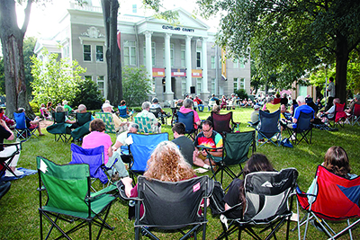 A large crowd gathered on the Square at The Earl Scruggs Center to enjoy the music at the Pickin\' on the Square